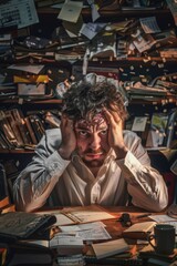 Obraz premium Stressed Office Worker Surrounded by Cluttered Workspace Highlighting Toxic Work Environment Issues