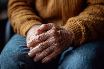 Fototapeta premium An elderly man gently rubbing his aching hands, a look of discomfort but resilience on his face. His weathered skin and slow, careful movements reflect the toll of arthritis, yet his expression remain