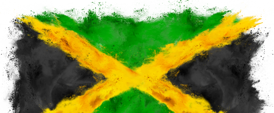 colorful flag of jamaica withgreen,yellow,black color holi paint powder explosion isolated white background. jamaican national europe travel and tourism concept.