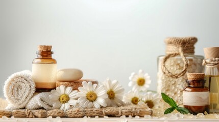 Spa essentials with flowers, towels, and oils for relaxation and wellness in a serene environment
