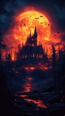 Obraz premium Eerie Haunted House Under Glowing Full Moon in Dark Forest Landscape