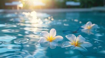 Plumeria flowers floating on water in a serene sunset setting with soft light reflections ideal for relaxation or spa imagery
