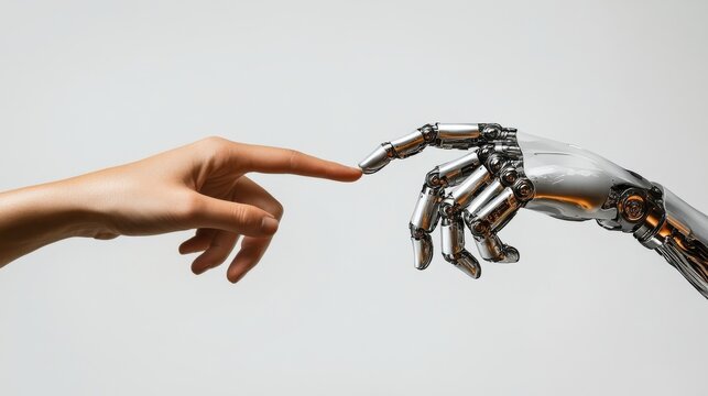 Human hand and robotic hand almost touching representing the future of technology, artificial intelligence, and human-robot synergy in innovation