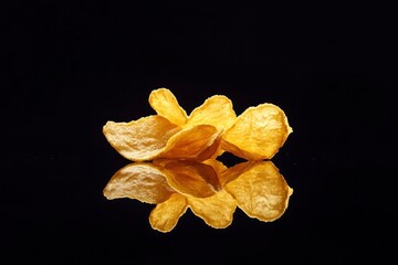 Potato Chips on Reflective Surface With Black Background , ai