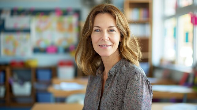 A smiling teacher stands confidently in a vibrant, sunlit classroom brimming with educational materials, embodying dedication and warmth.