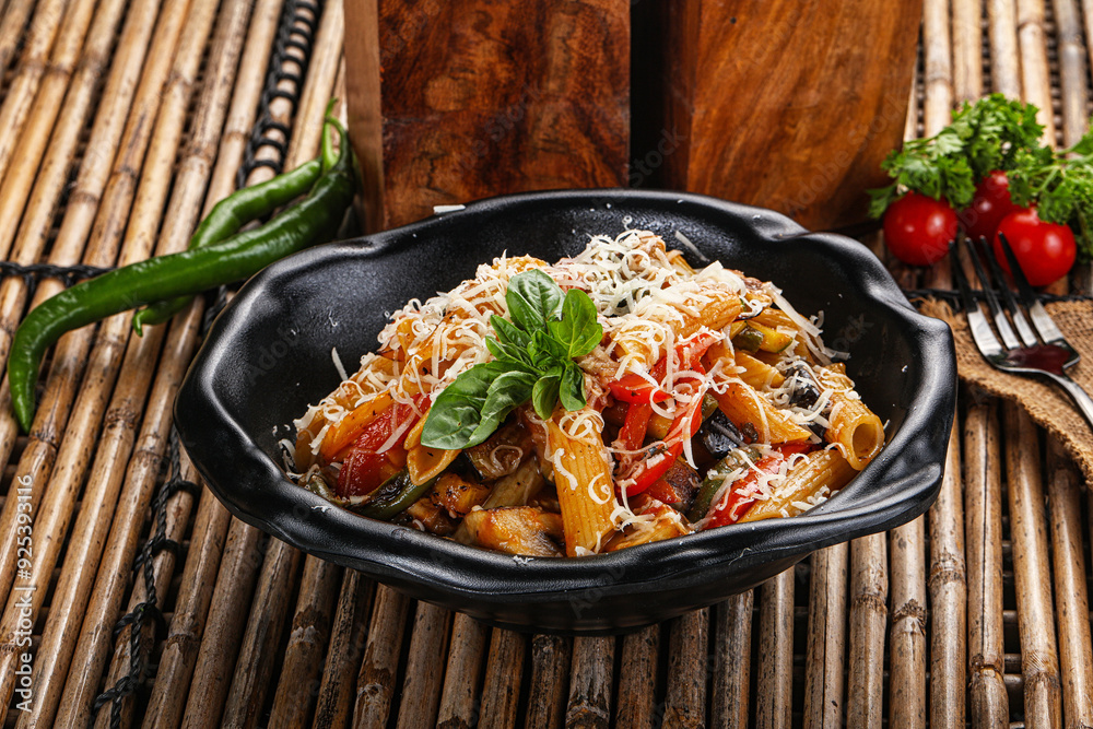 Poster vegetarian pasta penne with mushroom