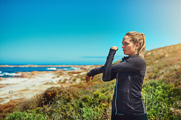 Fitness, thinking and stretching with woman outdoor on mountain for summer, exercise and health....