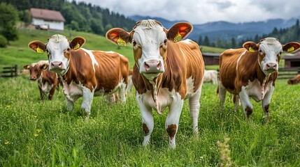 Three brown and white cows stand in a grassy field with a blur of green trees and a white building in the background.