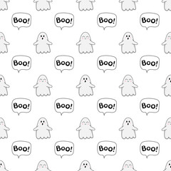 Halloween pattern. Seamless background with kawaii ghosts, Boo inscription. Infinite texture for the Halloween holiday