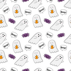 Halloween pattern. Seamless background with kawaii ghosts, spiders, Boo inscription. Infinite texture