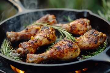 Sizzling Chicken Legs on Cast Iron Pan , ai