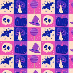 funny Halloween pattern of squares with a skull, a bat, a pumpkin, a hat, in the flat style