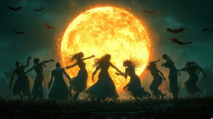 Mystical Night Dance Under Full Moon: Enchanted Silhouettes and Bats in a Spooky Ritual