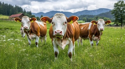 Three brown and white cows with yellow tags on their ears are standing in a field of green grass and white flowers, with a forest and mountain range in the background.