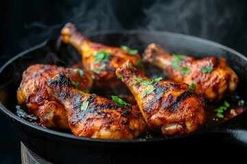 Sizzling Chicken Legs on Cast Iron Pan , ai
