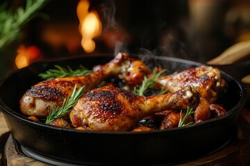 Sizzling Chicken Legs on Cast Iron Pan , ai