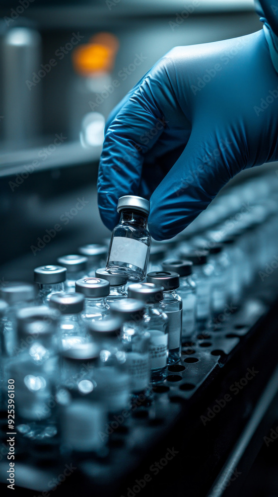 Poster a gloved hand selects a glass vial from a neat arrangement of similar vials in a sterile lab environ