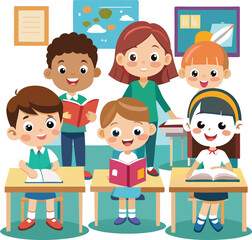 Kids reading, group of friends in a school