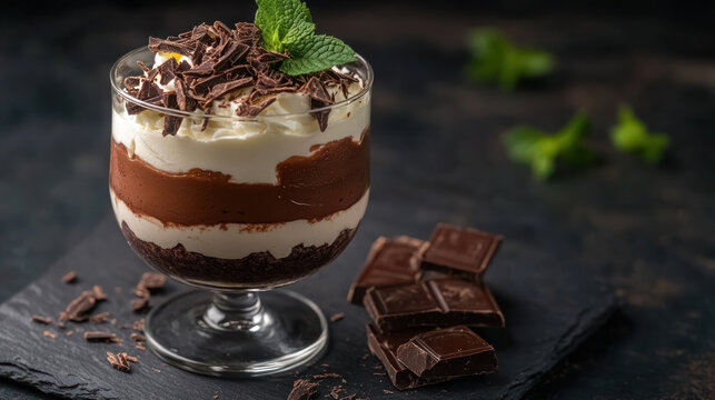 decadent chocolate vanilla mousse parfait with mint garnish