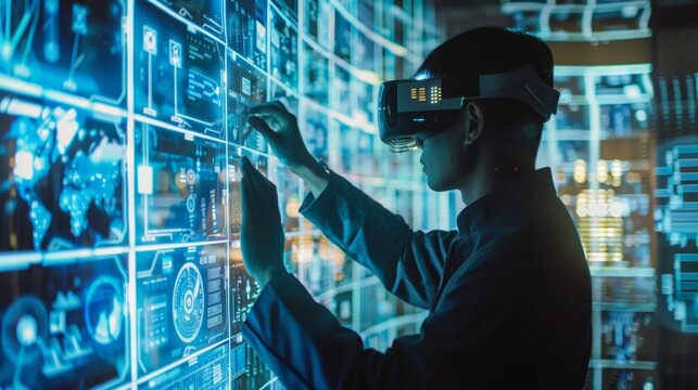 High Tech Thief Using Augmented Reality Glasses Navigating a Complex Security System, Futuristic Holographic Room