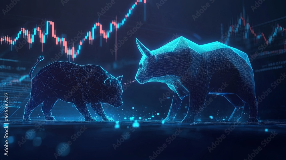 Wall mural A captivating scene of a bull and bear in low polygonal silhouettes, entangled in a battle with dynamic stock market charts in the background, representing market activity,