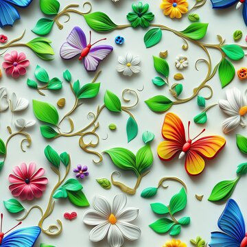 butterfly 3d seamless pattern. Colorful Butterflies and Flowers 3D Seamless Patter