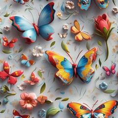 butterfly 3d seamless pattern. Bright Butterflies and Flowers 3D Seamless Pattern