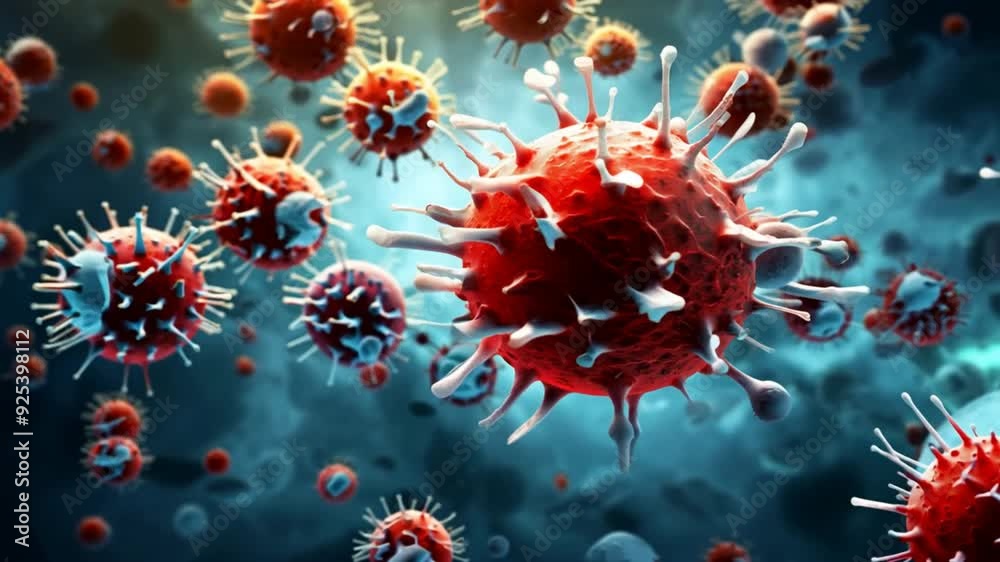 Poster Microscopic Threat: A close-up view of a virus, its intricate structure highlighted against a vibrant blue background. This microscopic imagery underscores the unseen dangers of infectious diseases. 