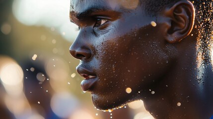 A marathon runner, sweat glistening, pushes through the final stretch, embodying perseverance.