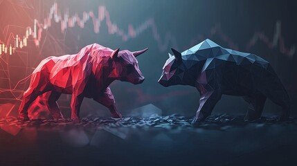 A visually striking composition of a bull and bear in low poly forms, engaged in a fight with an animated stock market background, highlighting economic trends,