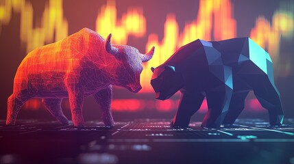 A visually striking composition of a bull and bear in low poly forms, engaged in a fight with an animated stock market background, highlighting economic trends,