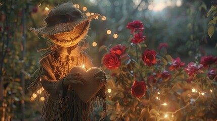 Romantic Scarecrow Holding Heart Gift in Enchanted Garden with Fairy Lights and Rose Bushes
