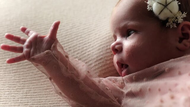 Cute Newborn Baby Girl Lying On The Bed Reached Out Hand