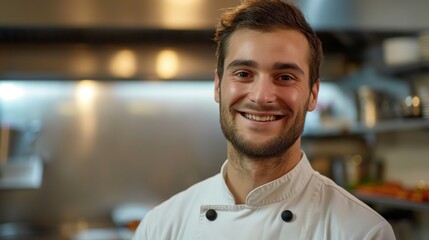 Fototapeta premium A chef in a kitchen wearing a white uniform is smiling broadly at the camera, looking happy and proud of his culinary environment.