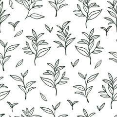 Tea leaves. Hand drawn brunches and leaves seamless pattern.
