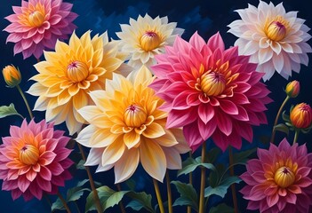 Fototapeta premium Colorful dahlia flowers blooming against a dark blue background