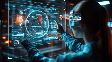 Woman using virtual reality to interact with a holographic interface.