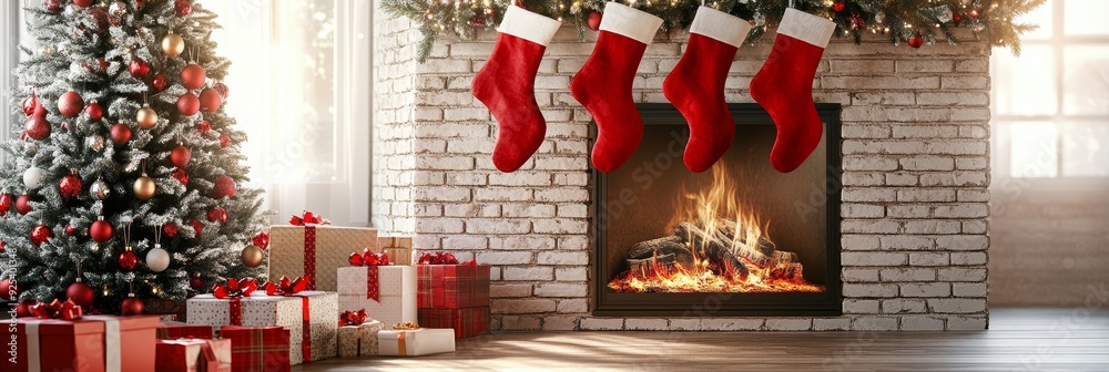 Poster Cozy Christmas Fireplace with Decorated Tree and Stocking - A festive Christmas scene with a decorated tree, presents, and stockings hanging over a fireplace with a roaring fire. The image represents 