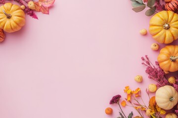 Fototapeta premium Autumn flowers and pumpkins arranged on a soft pastel background