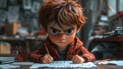 Fototapeta premium An animated young boy, with an intense expression, focuses on drawing with a pencil in a creative, cluttered room, perfectly capturing the essence of youthful creativity and determination.