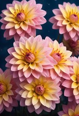 Colorful dahlia flowers blooming against a dark blue background