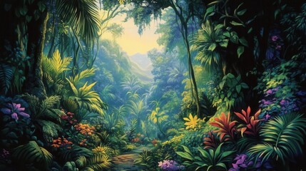 Naklejka premium A vibrant jungle scene with diverse flora, creating a serene, natural environment.