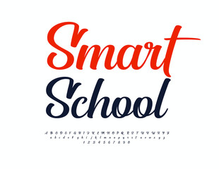 Vector educational logo Smart School. Trendy Cursive Font. Calligraphic Alphabet Letters and Numbers set.