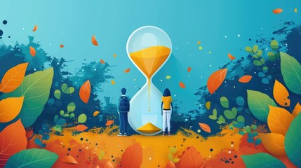 Two individuals stand facing an hourglass amidst falling autumn leaves, representing the passage of time and the seasonal changes that accompany life's journey.