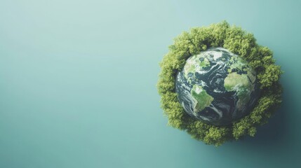 Fototapeta premium Earth Surrounded by Lush Green Trees on Blue Background 