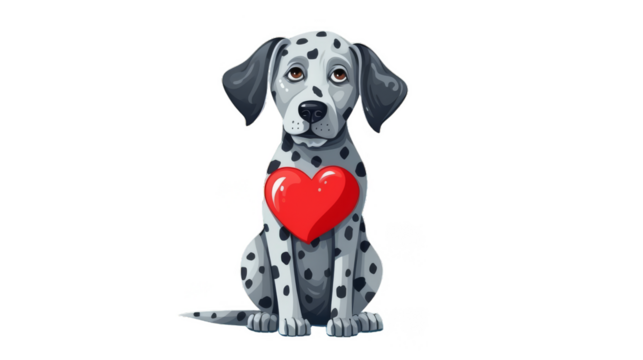 dog holding a heart isolated on white or transparent background 