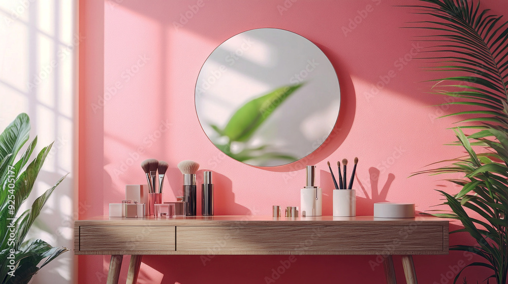 Poster sunlight streams through the window, casting soft shadows on the vanity, adorned with makeup and fre