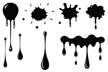 Water drops and splash silhouette collection in simple doodle style. Set different liquid shapes and silhouette. 