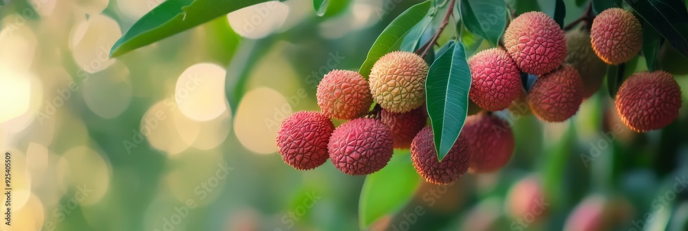 Wall mural Fresh Lychee Fruit Hanging on a Branch in a Lush Garden - A close-up of ripe lychee fruit hanging on a branch, surrounded by green leaves, symbolizing sweetness, nature, abundance, growth, and freshne