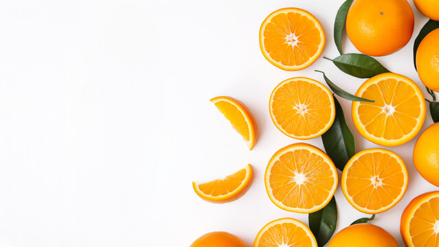 Laranjas frescas com folhas vibrantes sobre fundo branco, fonte de vitamina C e antioxidantes. Perfeita para projetos c&iacute;tricos e saud&aacute;veis